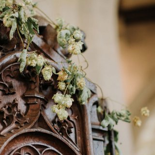 Pulpit decorated with hops.  Church in the Chalke Valley, Wiltshire